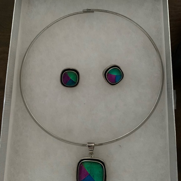 925 MEXICO STERLING S.CHOKER STONE PENDANT & EARRINGS - Picture 10 of 15